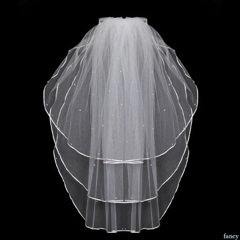 

3 Layers Women Bridal White Wedding Tulle Veil Ribbon Edge Faux Pearl Beaded Embellishment Center Cascade Marriage Solid Color