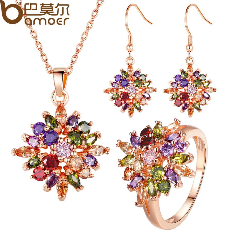

BAMOER Luxury Rose Gold Color Flower Jewelry Sets & More for Women Party with AAA Multicolor CZ High Quality
