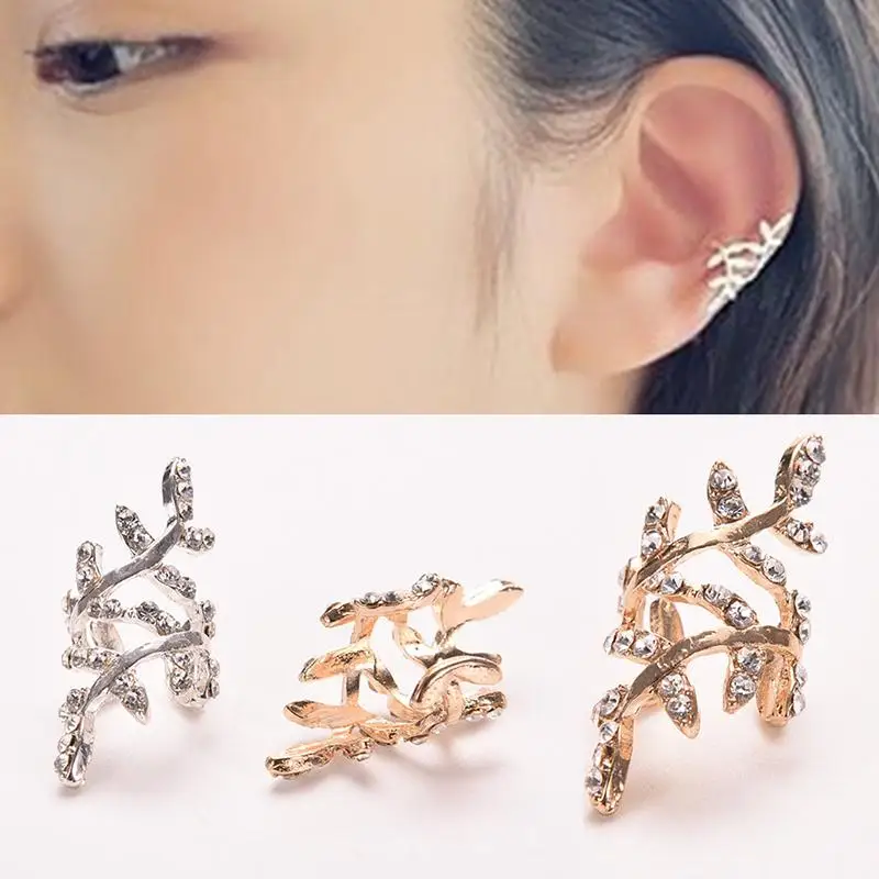 

Classic 1Piece Rhinestone Leaf Ear Cuff Earrings Retro Crystal Earings Warp Clip Ear Clip Women's Fashion Jewelry