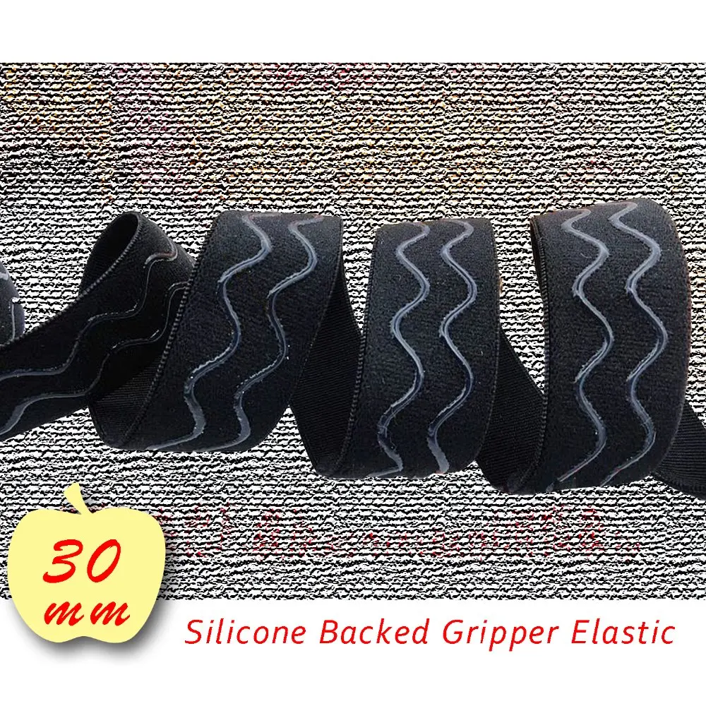 

5 yards pack 30mm Silicone backed Elastic thicker design gripper strap webbing color black for sports wristband dress bag belt