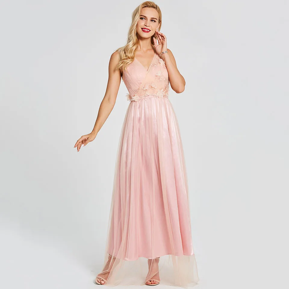 Ceny Dressv różowy długa suknia bez pleców tanie v neck bez rękawów ślub formalna sukienka na przyjęcie a line suknie wieczorowe