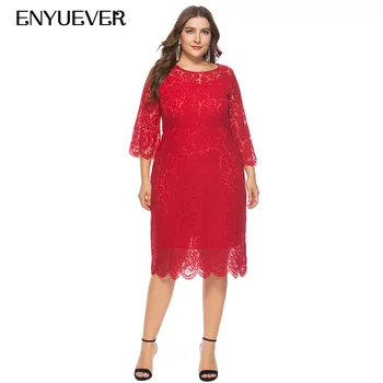 

Enyuever Short Formal Dress Plus Size 5XL 6XL Red Black 3/4 Sleeve Casual Hollow Out Lace Elegant Evening Party Dress Vestidos