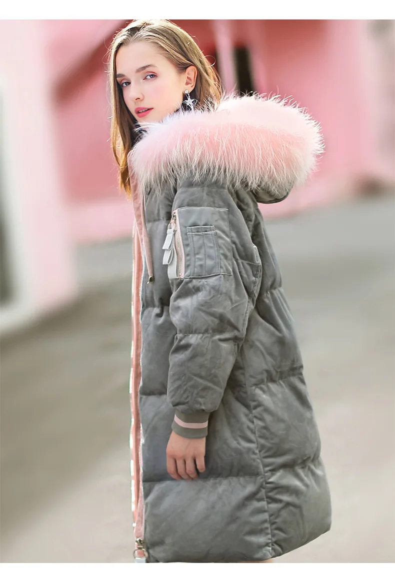 الشتاء نوعية جيدة كبيرة الطبيعي الفراء بطة أسفل معطف الإناث المخملية النسيج سمكا طويلة الدافئة أسفل معاطف wq527 دروبشيب