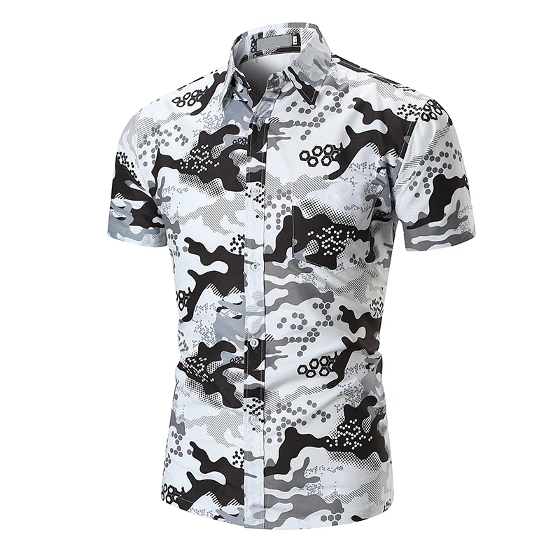 Для мужчин футболка с коротким рукавом Пляжные рубашки Для мужчин рубашка Марка 2018 Для мужчин s камуфляж Платье с принтом рубашки Гавайский