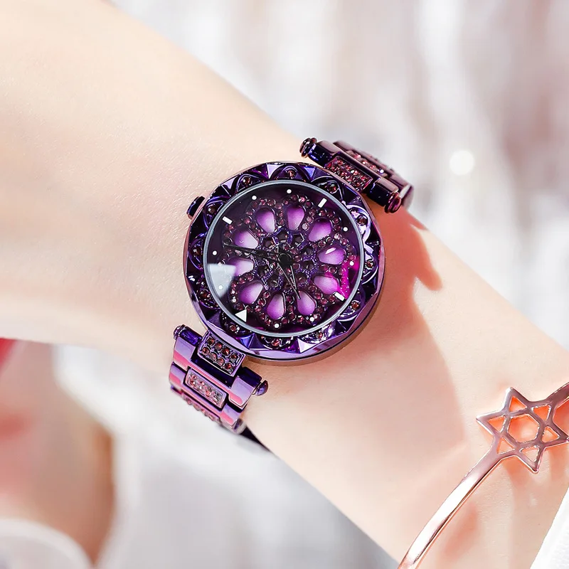 

New arrival Women Rhinestone Watches Lady Rotation Dress Watch brand Purple Gold Band Big Dial Bracelet Wristwatch Crystal Watch