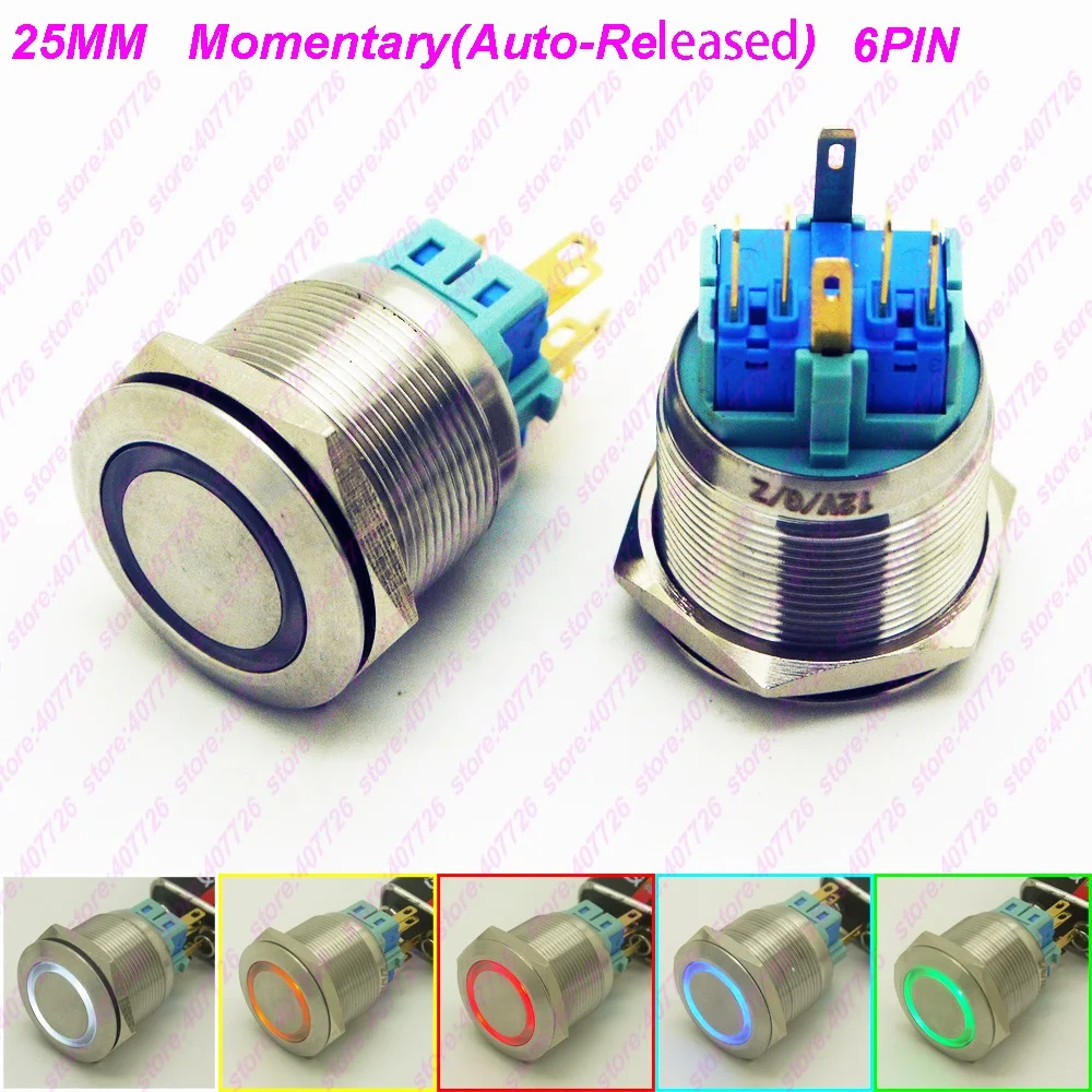 

1PC 25MM Metal Switch Glowing Ring Push Button 6Pin With LED 6V12V/24V/110V/220V Momentary/Not-Locking/Self-Released Flat Head