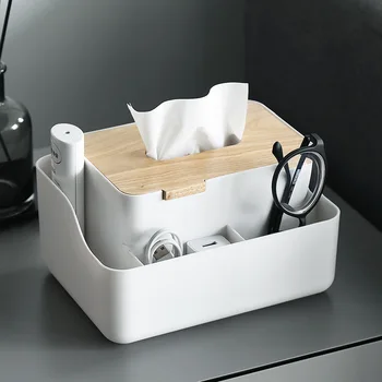 

Nordic Square Tissue Box Wooden Cover Plastic Napkin Paper Towel Holder Kitchen Wipe Case Solid White Boxes Sundries Storage Box