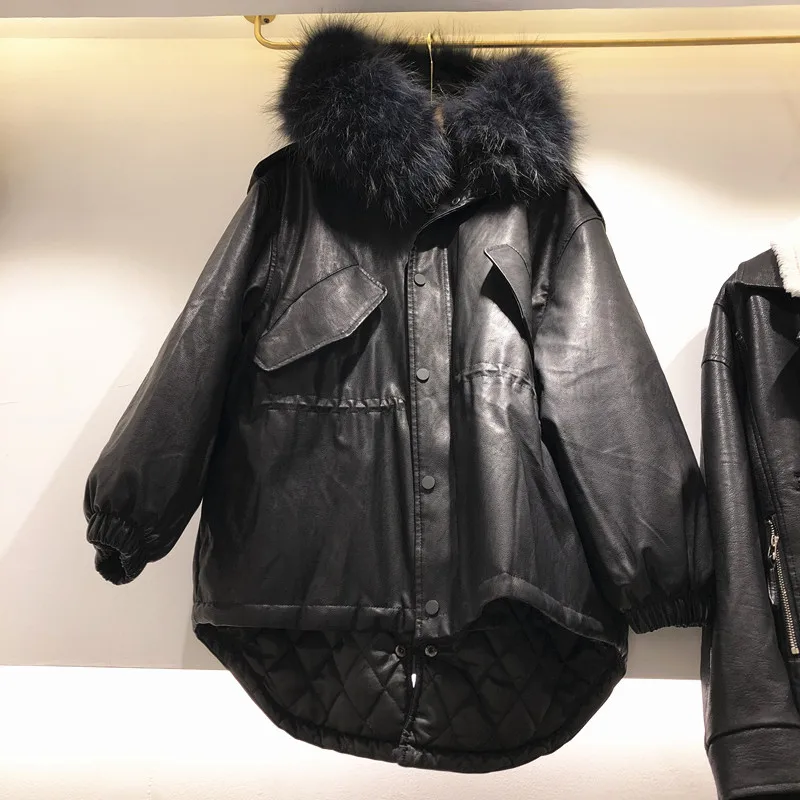 Зимняя женская новая теплая черная парка из искусственной кожи женская модная куртка с капюшоном и воротником из натурального меха повседневное Свободное пальто с длинным рукавом Z442