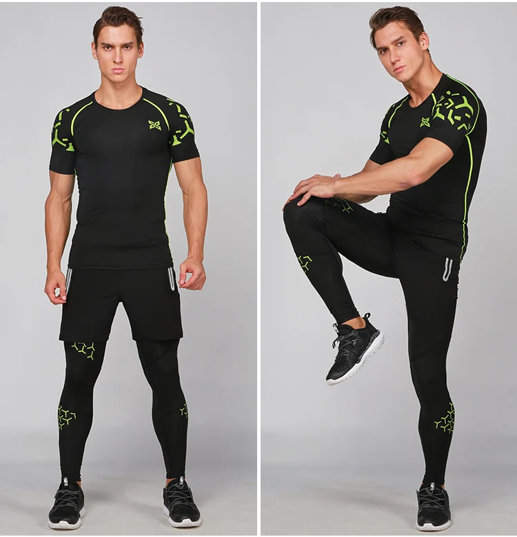 3 шт., мужские спортивные костюмы, одежда для бега для мужчин, Короткие компрессионные колготки, футболка для спортзала, фитнеса, укороченные штаны, быстросохнущие комплекты