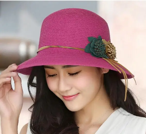 Новинка, летние однотонные соломенные шляпы для женщин, цветочные аксессуары, женские летние пляжные кепки от солнца, Панама, стильная шляпа - Цвет: rose red