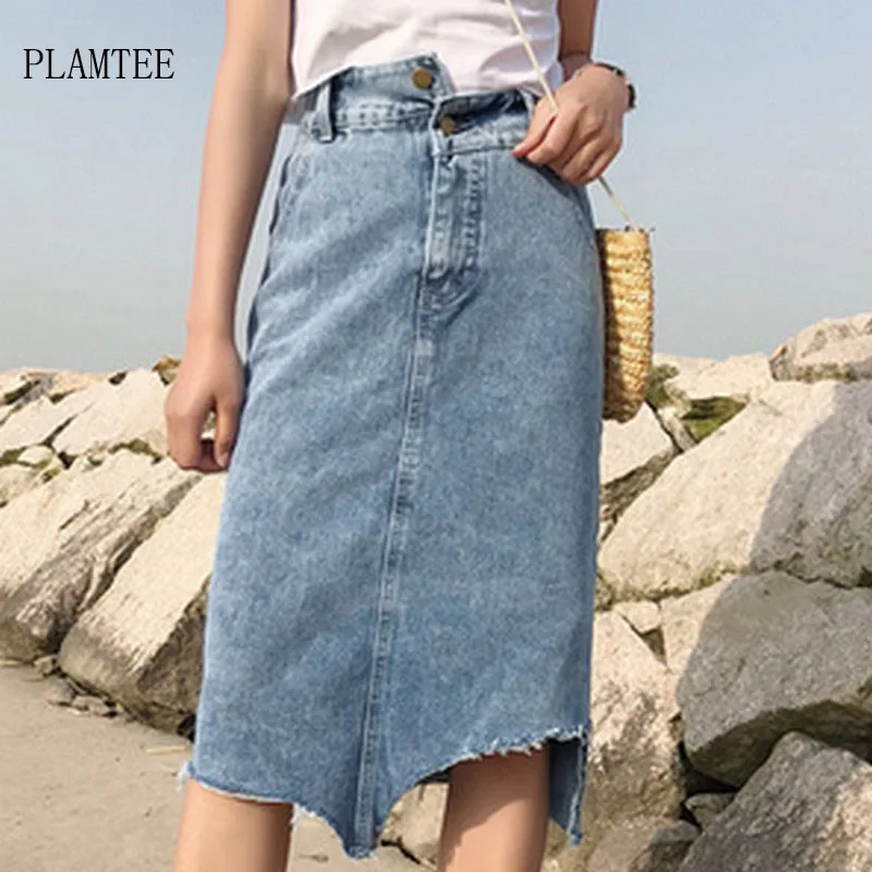 

PLAMTEE Irregular Washed Women's Jeans Skirts Solid High Waist Denim Skirt Female Simple Korean Faldas Cortas Summer Brief Saias