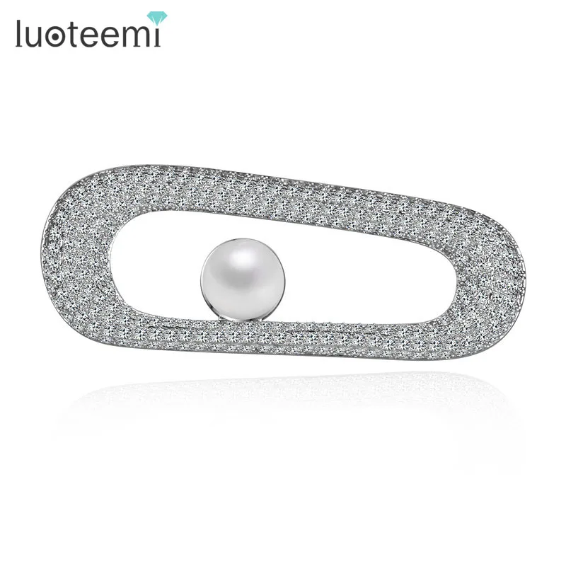 

LUOTEEMI New Arrival Fashion Jewelry Micro Paved Tiny AAA CZ Surround Pearl Silver Color Delicate Brooch For Dinner Party