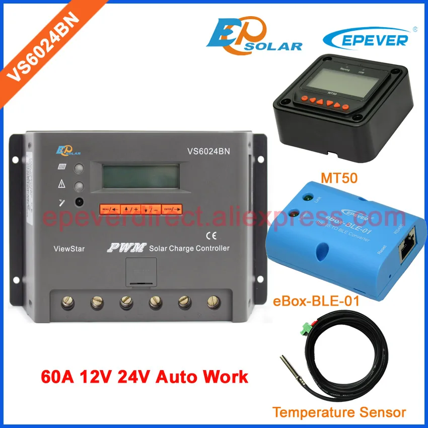 

MT50 remote meter 60A 12V 24V PWM solar charger controller with temperature sensor cable EPSolar brand controller VS6024BN