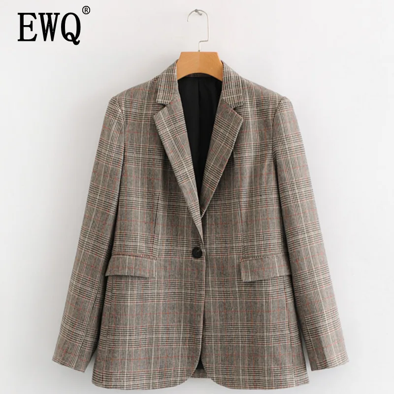 

[EWQ] Spring new fashion clothes Notched Collar Plaid one button blazer loose suit coat feminino jacket femme 2019 nouveau QJ302