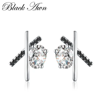

[BLACK AWN] Genuine 100% 925 Sterling Silver Jewelry "X" Timeline Black Spinel Stone Wedding Stud Earrings for Women T056
