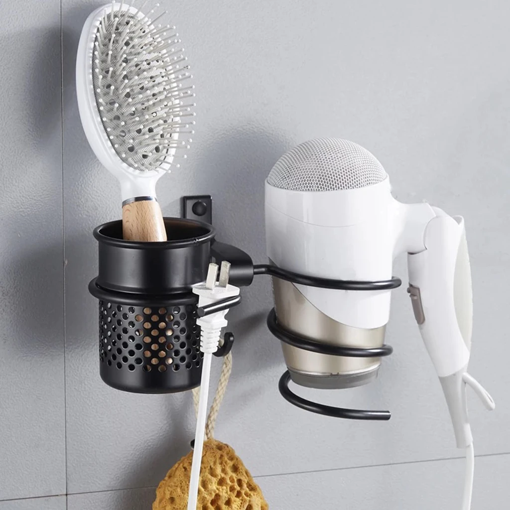 Hair Dryer Holder Hair Blower Dryer Rack Wall Mounted With Storage Cup Antirust Moldproof Durable Sturdy