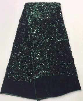 

2019 Latest Style Green High Quality African Velvet Lace Fabric With Sequins Nigerian Lace Fabrics For Wedding Party