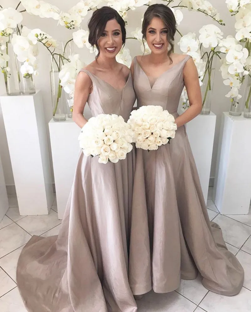 2017 V Neck A Line Bridesmaid Gowns Peach Champagne Silver 2017 V Neck A Line Bridesmaid Gowns Peach Champagne Silver C Burgundy Pink Gold Satin Dresses Fast Shipping In From