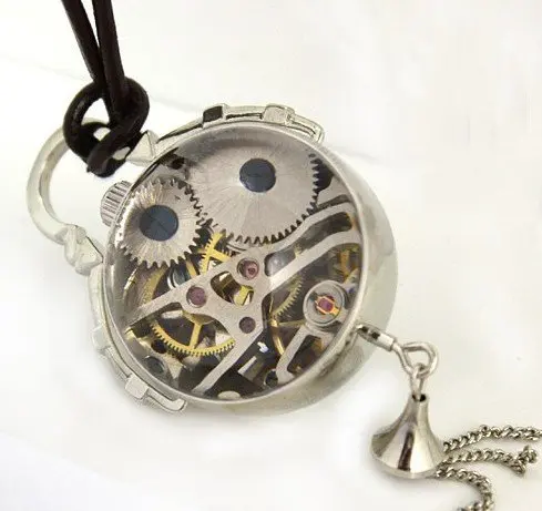

(8045S) 60 pcs/lot Silver Tone Glass Ball Skeleton Mechanical POCKET Watch with Necklace Chain.