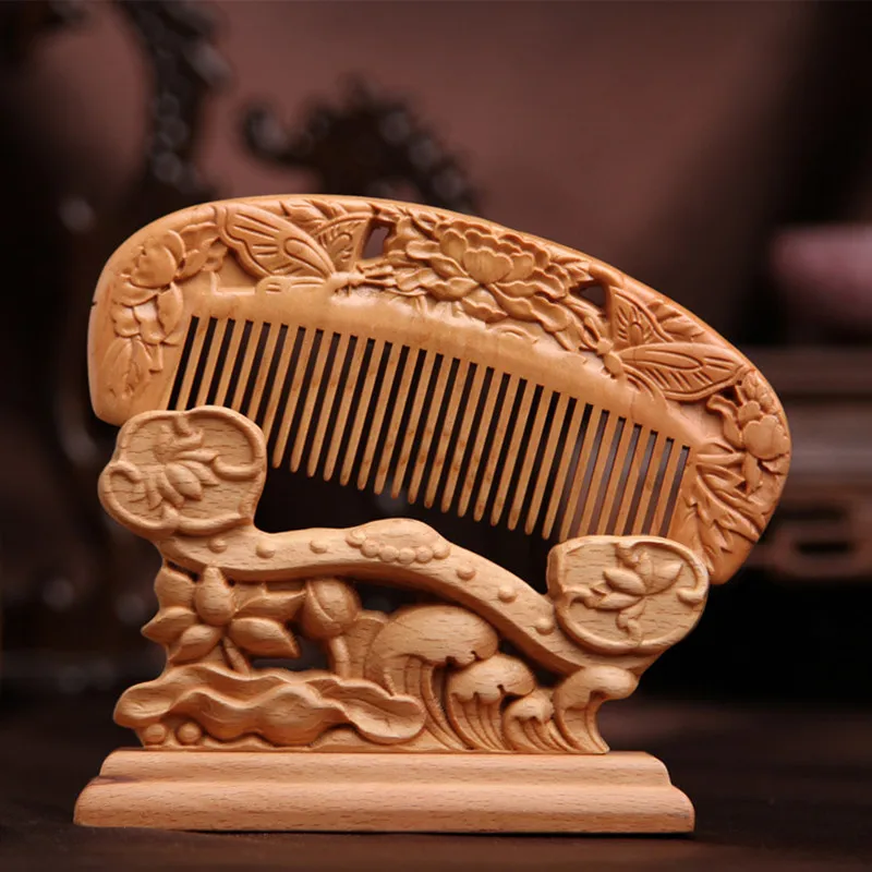 

Carved Pocket Wooden Comb Decor Natural Peach Wood Anti-static Massage Vintage Hair Styling Tool Home Decoration GPD8673