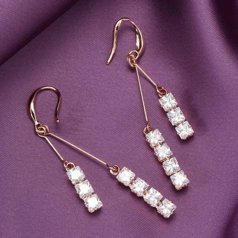 

Rose Gold Pendientes Round Zirconia Crystal Long Dangle Drop Earrings for Women Shiny Bridal Wedding Statement Ear Jewelry