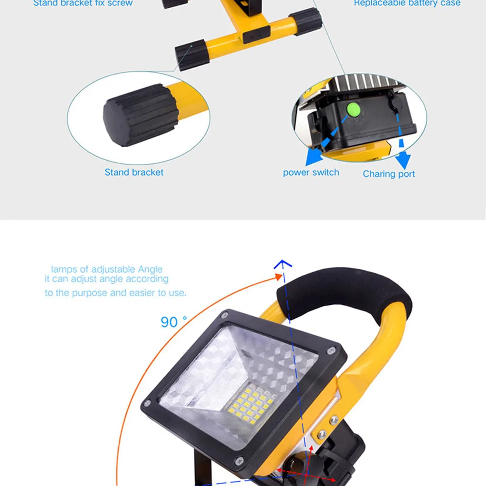 Легкий и портативный светодиодный наружное освещение 30 Вт с перезаряжаемой батареей 2400Lm Беспроводная лампа желтый светодиодный прожектор