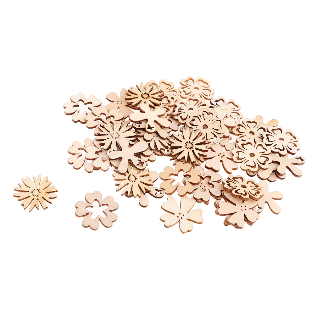 50pcs Wood Hollow Cutouts MDF Wooden Flowers Embellishment Buttons Flatbacks Craft for Scrapbooking Cardmaking DIY Decorations