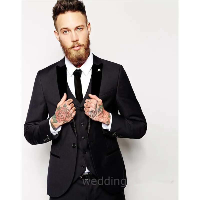 210 (1)Slim Fit Mens Suits with Velvet Peaked Lapel Custom Made Groom Tuxedos Men's Wedding Dress Suits ( Jacket+Pants+Vest)