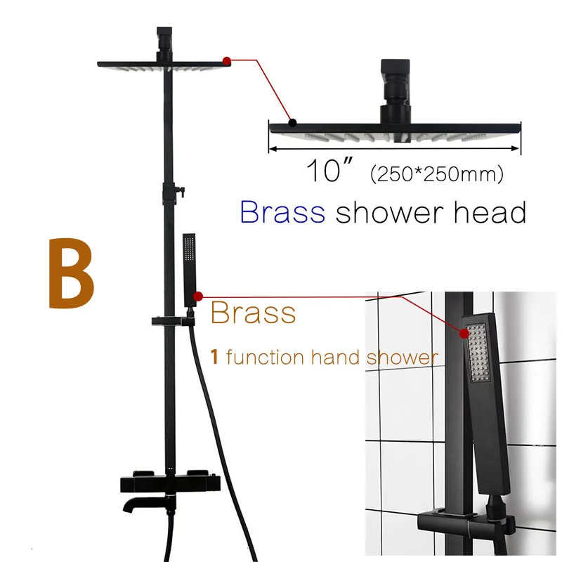 Термостатический смеситель для душа в ванной комнате Твердый латунный матовый черный дождевой душевой набор настенный смеситель для Воды Роскошный душевой комплект - Цвет: B