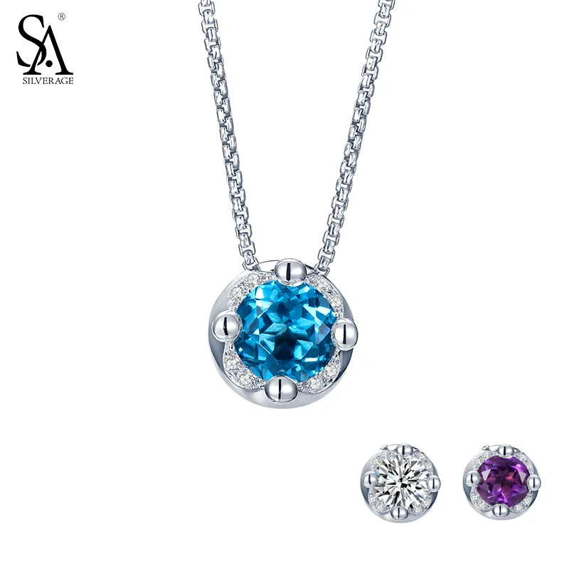 

SA SILVERAGE Genuine 925 Sterling Silver Jewelry Necklace for Women Crown Birthstone Nature Blue Topaz Amethyst Pendant Necklace