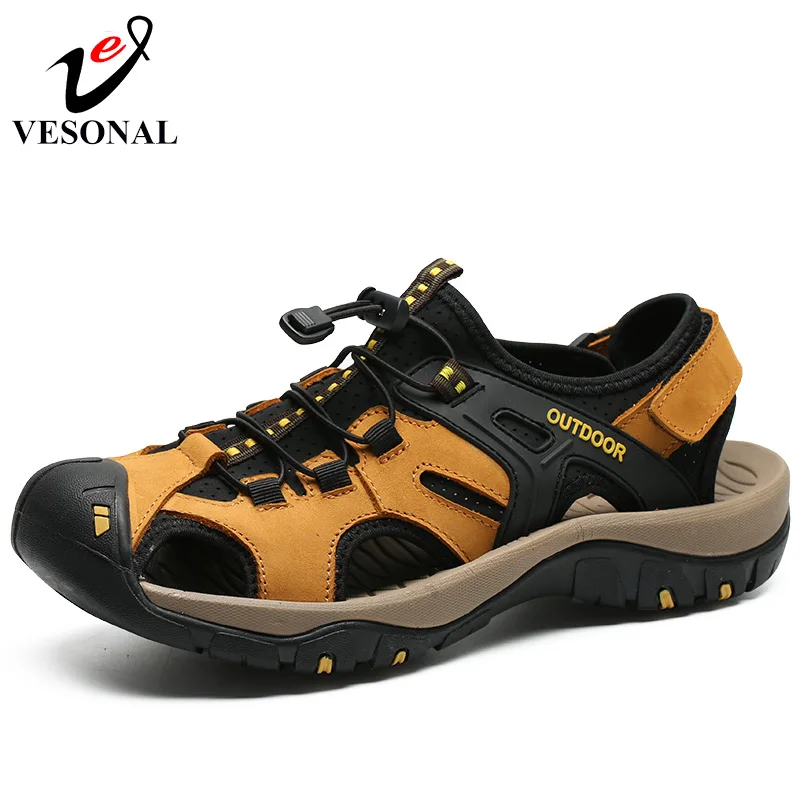 

VESONAL Genuine Leather Casual Sandals Male For Men Shoes Adult 2018 Summer Walking Sneakers Beach Sandalias Elastic Band 7239