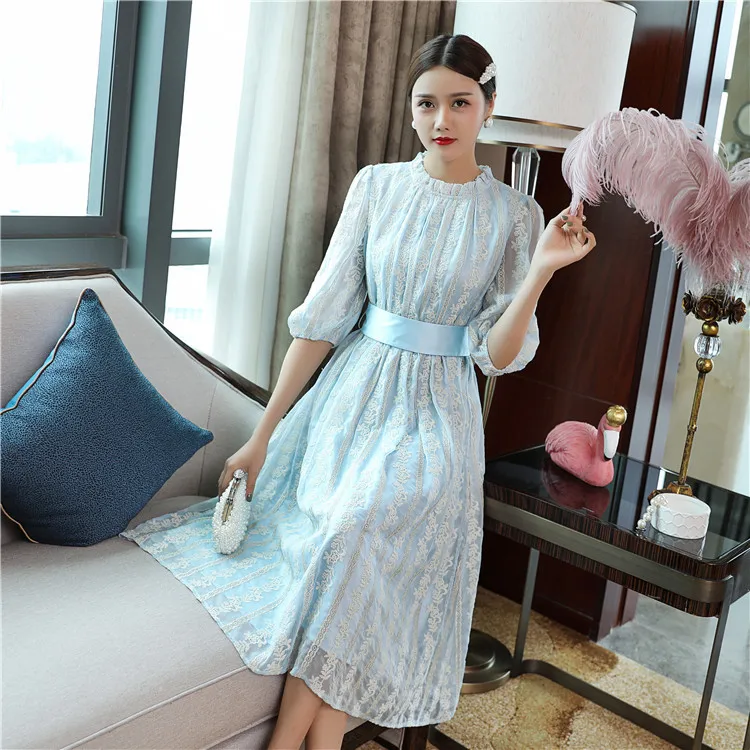 Top Quality New Autumn Fashion Party Vintage Dresses Women Allover Exquisite Embroidery Large Swing Blue Black Dress XXL