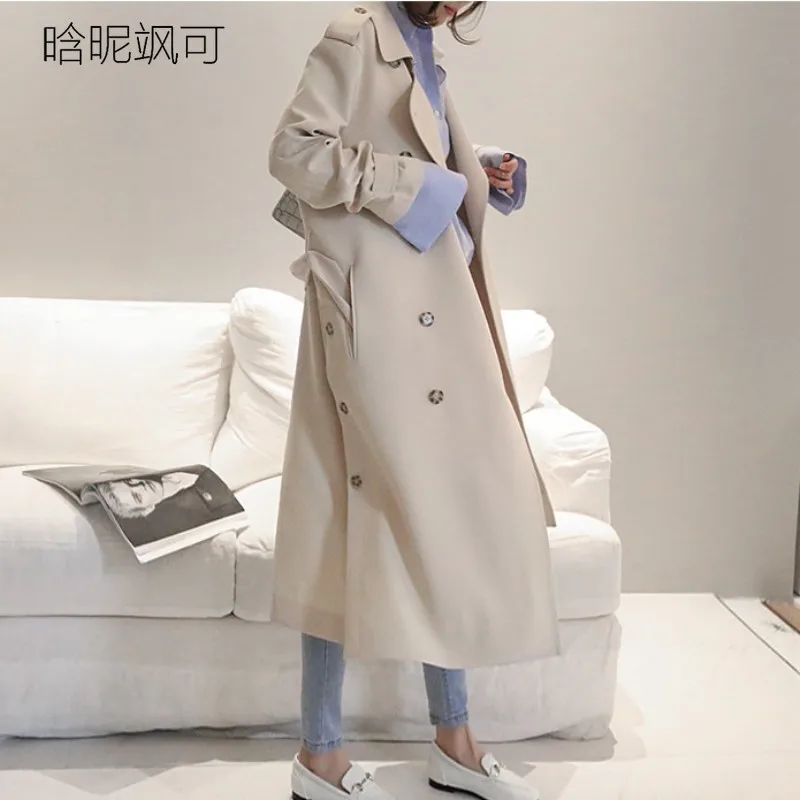 

2019 Autumn New Women's Casual Trench Coat Oversize Double Breasted Vintage Washed Outwear Loose Clothing Waterproof Raincoat