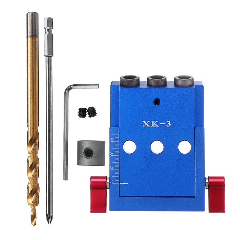 FUNN-For Xk-3 Pocket Hole Jig Kit 3 Holes Woodworking Drill Guide Aluminium Oblique Drill Guide Locator Tools 9.5Mm Drill Bit