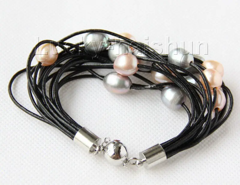 

FREE shipping>>>>8" 13mm 15row pink purple gray pearls black leather bracelet j9679 6.05