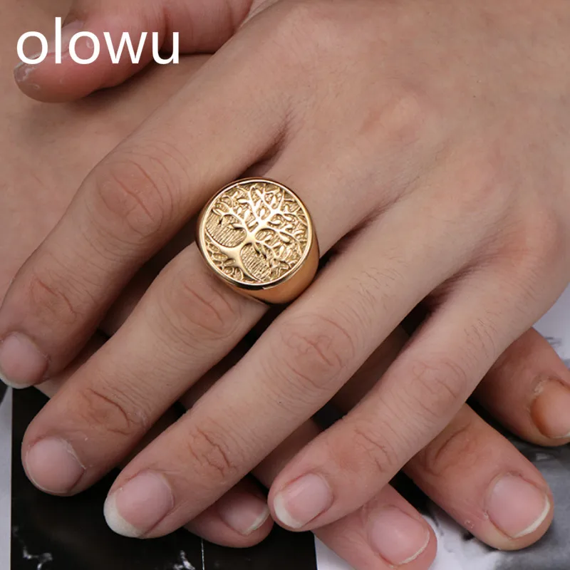 

olowu Large Width Round Men Rings Gold Tone Stainless Steel Casting Ring For Men's Punk Gothic Human Life Tree Jewelry 20mm