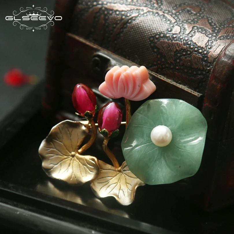 

XlentAg Natural Jade Pearl Brooch Pins Lotus Flower Leaf Brooches For Women Birthday Gift Dual Use Luxury Fine Jewelry GO0129