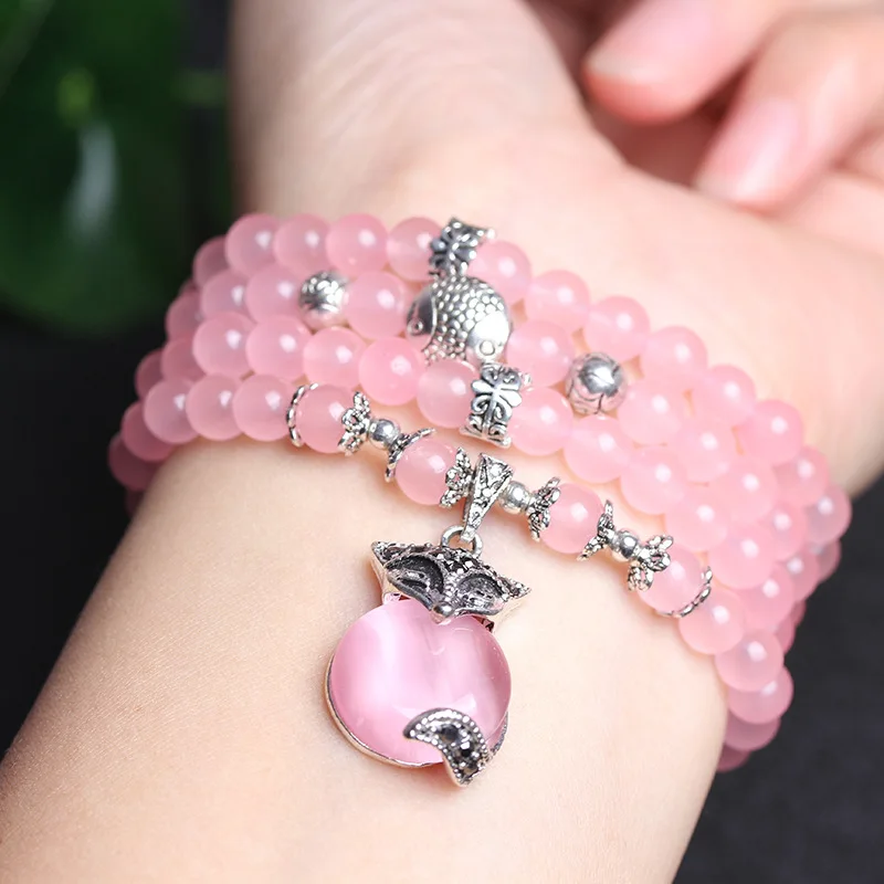 New-Pink-6mm-Crystal-Stone-108-Buddhist-Prayer-Beads-Bracelet-Silver-Plated-Fox-head-Pendant-For (1)