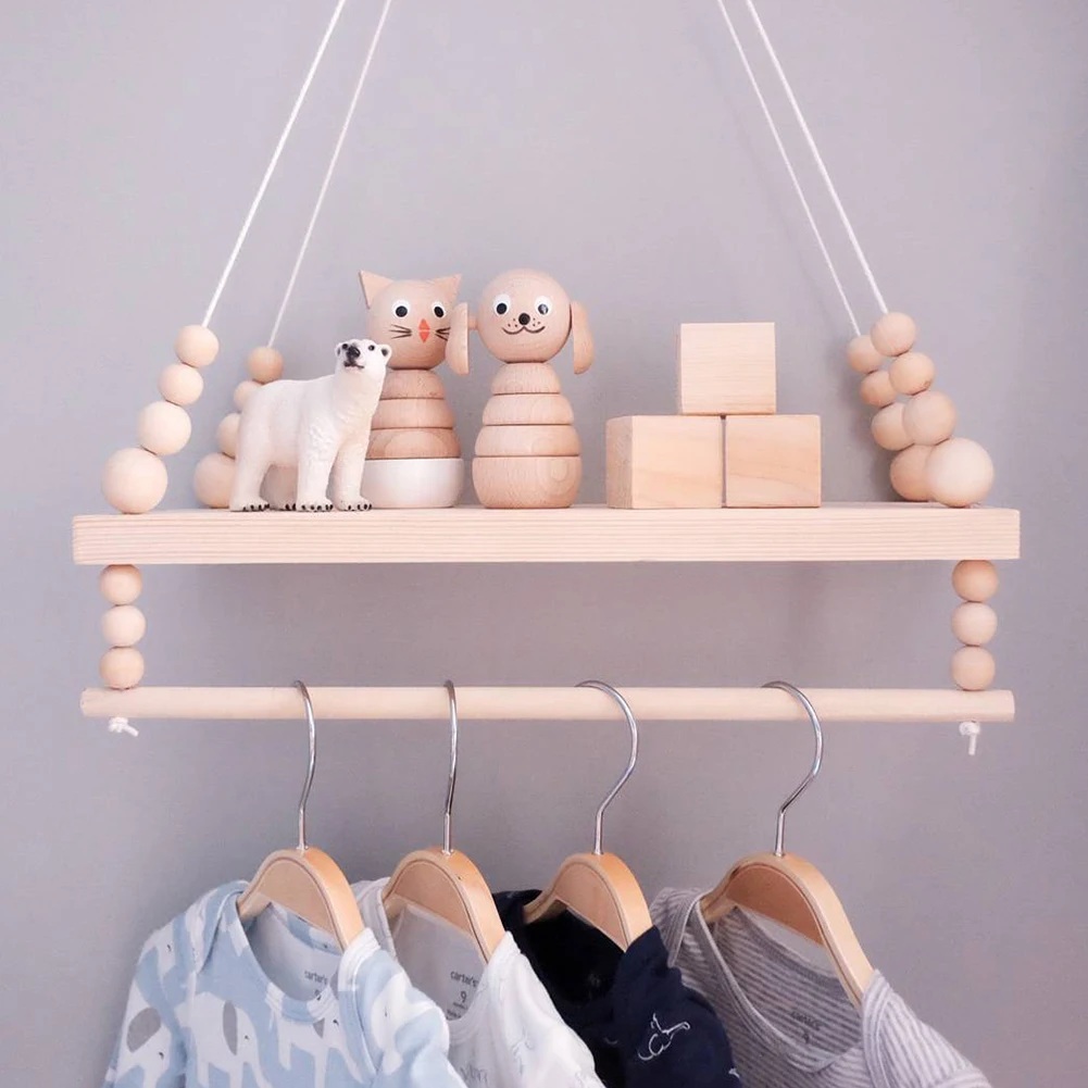 

Beads Clothes Gift Home Decorative Rack Kids Room Double Deck Storage Organizer Nordic Style Hanging Wall Shelf Living Room Wood