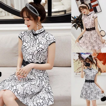

2019 Summer short sleeve chinese prom dress lace qi pao modern modified chinadress ladies sexy cheongsam plus size S-2XL