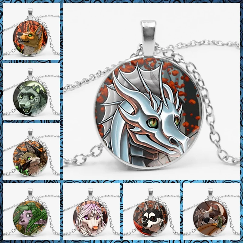 

3 Color Fashion Charm Cartoon Monster Dragon Wolf Pendant Necklace Glass Cabochon Necklace for Children's Birthday Gift