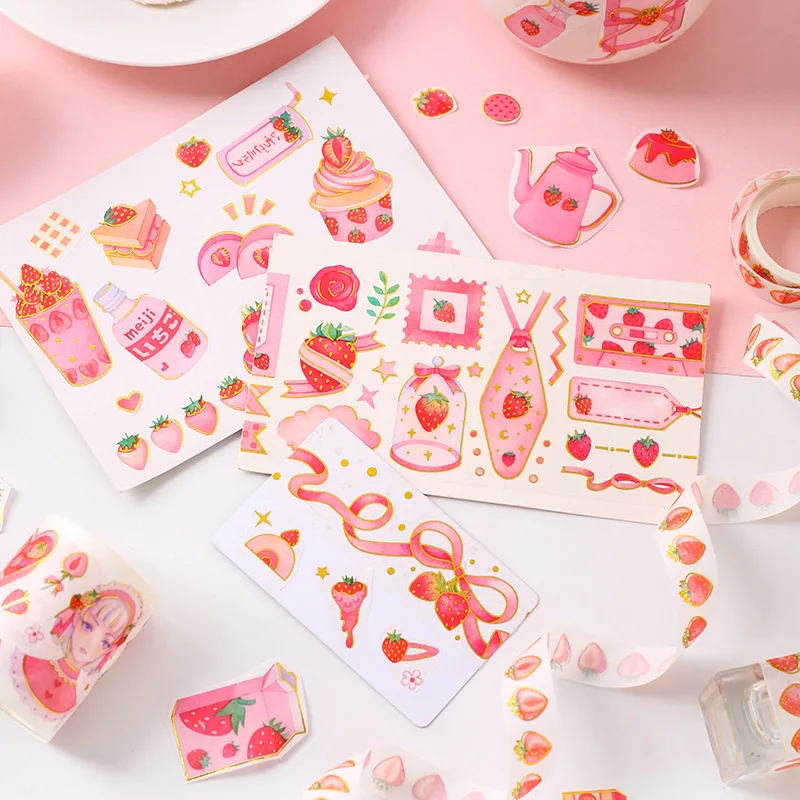 Cute Strawberry Party Series Bullet Journal gold Washi Tape Decorative Adhesive Tape DIY Scrapbooking Sticker Label Stationery