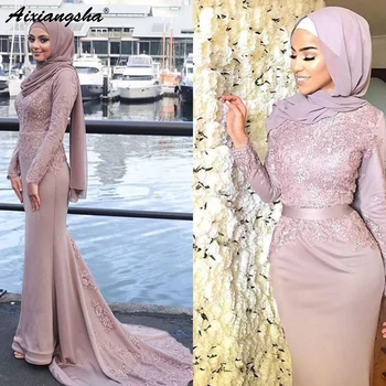 

Formal Muslim Evening Dresses 2019 Mermaid Long Sleeves Appliques Scarf Islamic Dubai Saudi Arabic Long Elegant Evening Gown