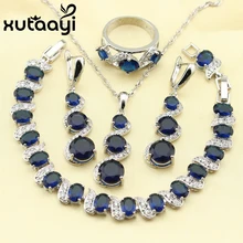 XUTAAYI Fetching Seductor Azul Zafiro Sintético 4 UNIDS Sistema de La Joyería 925 Pendientes de Plata de ley Anillo Collar Pendiente Pulsera
