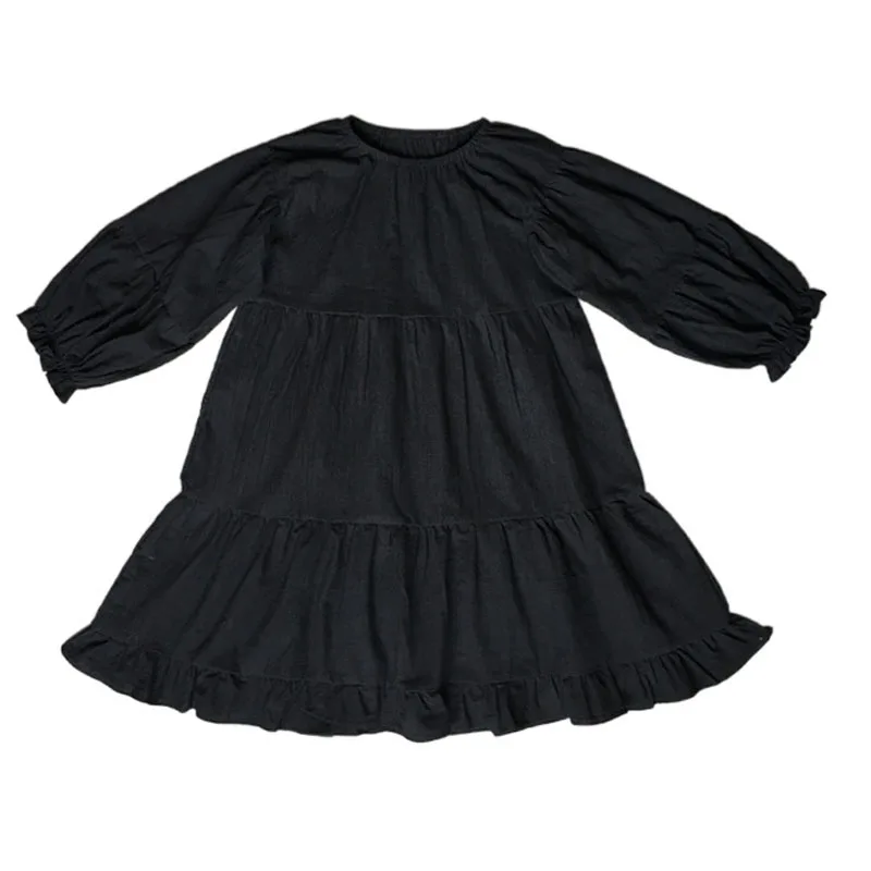 Preto meninas vestido crianças de linho algodão