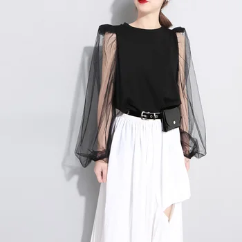 

Korean Real Kpop Europe And America 2019 Summer Transparent Mesh Flying Shoulder Lantern Bubble Sleeve Stitching Cotton T-shirt