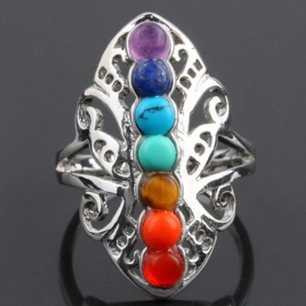 Silver Plated 7 Chakra Healing Hollow Thumb Reiki Natural Stones Ring