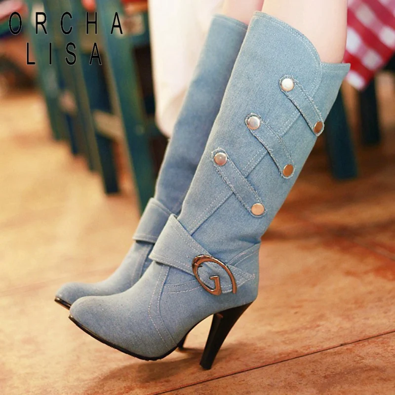 

ORCHA LISA boots jeans Denim boots women knee high boots plus size 12 thin heels boots autumn Feminino Mujer Botas C816