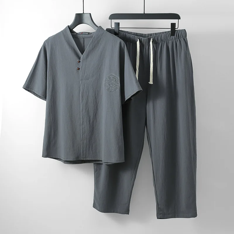 Ninth pants grey Мужские льняные Топы И Футболки, комплекты, плюс размер, M-9XL, v-образный вырез, футболка с вышивкой, мужские футболки, костюмы из двух предметов в китайском стиле, 5 цветов - Цвет: Ninth pants grey