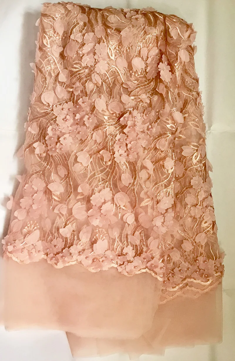 

Free shipping (5yards/pc) beautiful appliqued French net lace fabric in peach with beads and sequins for making dress FLC04